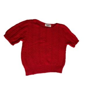 Vintage 90s Red Short Sleeve Knit Sweater Cottagecore Fall Preppy Crew Size M